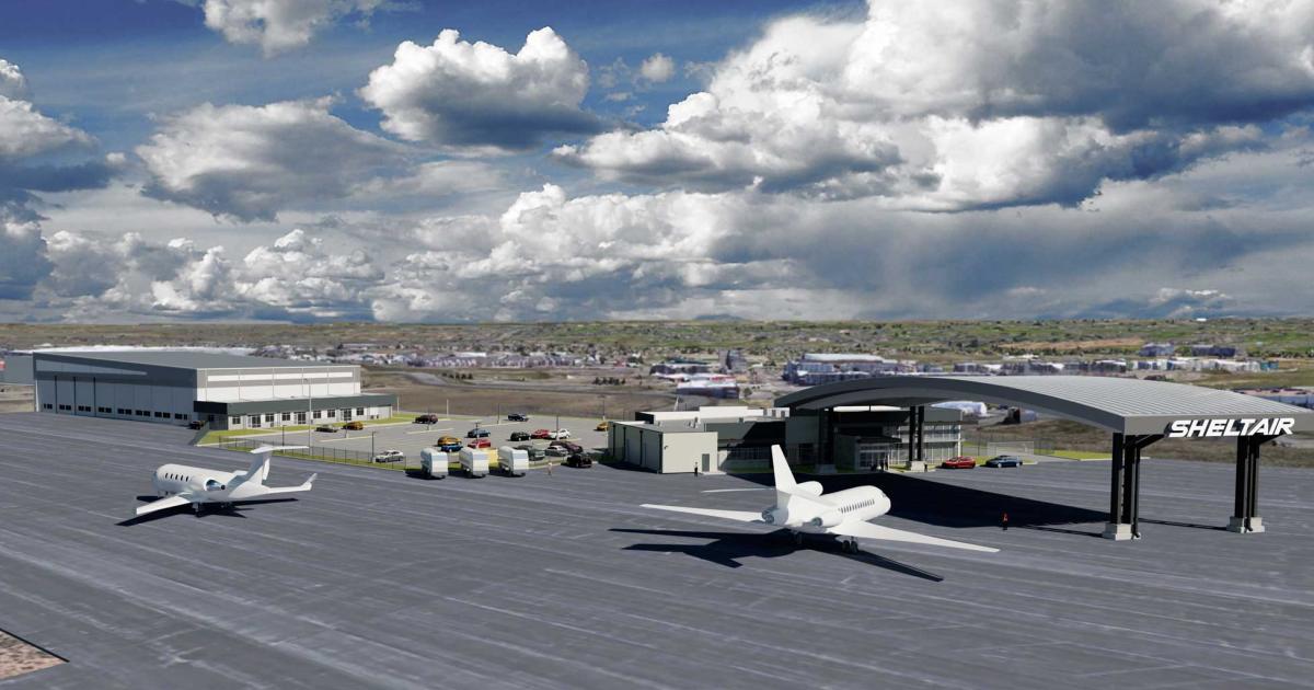 An artist's rendering shows the planned $20 million Sheltair FBO at Colorado's Rocky Mountain Metropolitan Airport. The company began operations there in January from a temporary facility as the second service provider on the field.