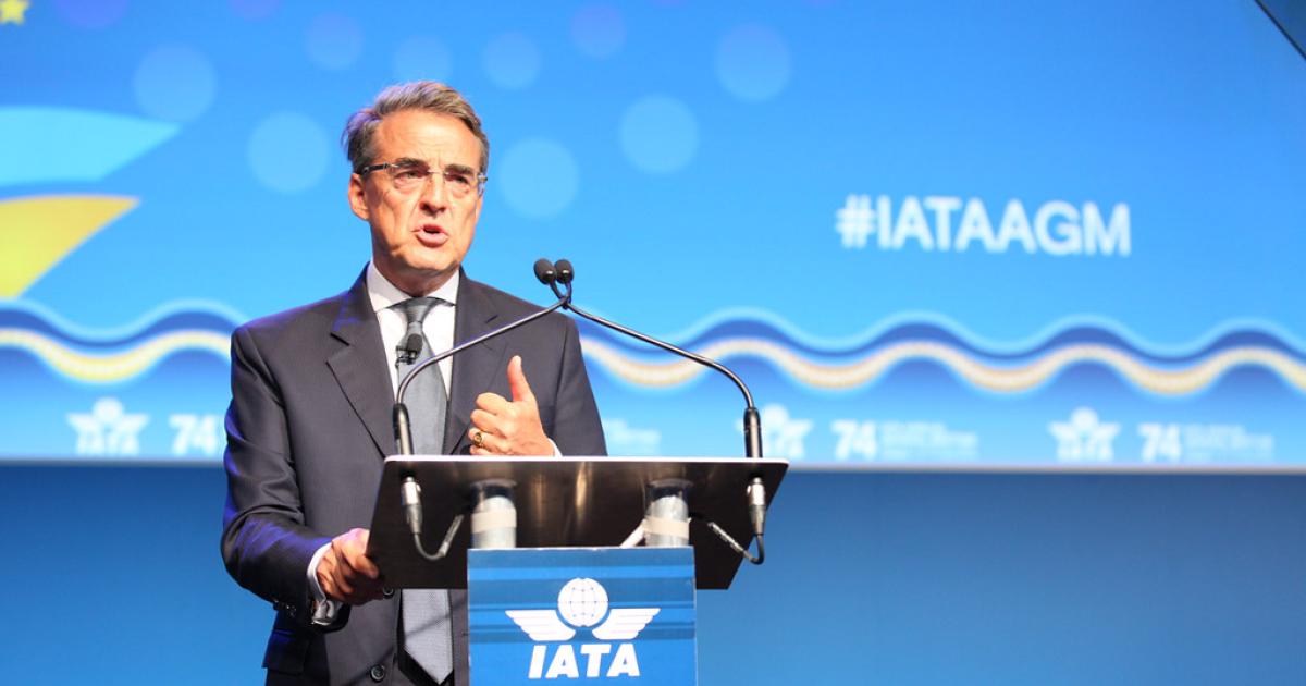 IATA director general Alexandre de Juniac addresses delegates at the group's 2018 Annual General Assembly. (Photo: IATA)