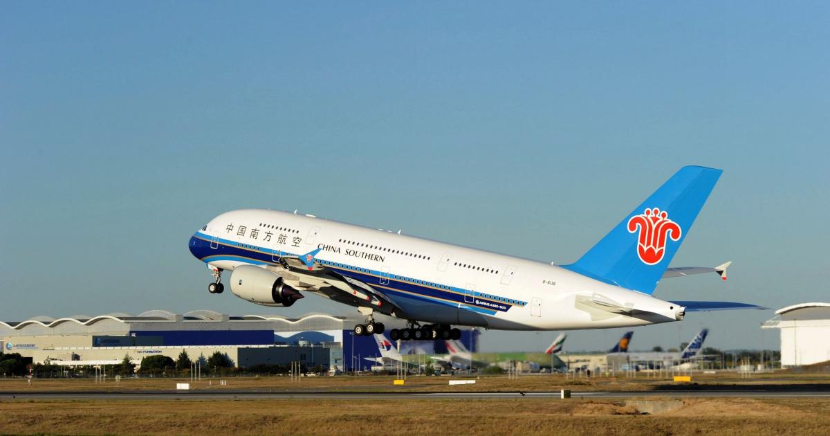 China Southern Airlines’ first A380 takes off from the Airbus delivery center in Toulouse, France, October 2011. (Photo: Airbus)