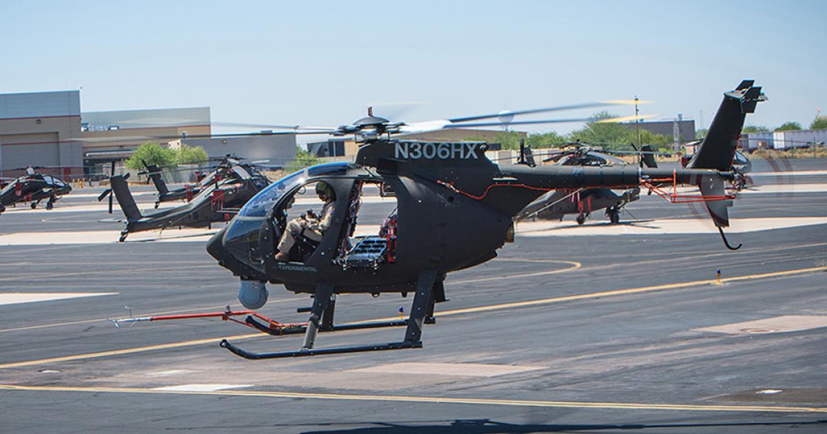 An AH-6i hover-taxis at Boeing’s Mesa, Arizona, plant. The type can be armed with Hellfire missiles and Advanced Precision Kill Weapon System laser-guided rockets, which share a common laser-guidance system. (Photo: Boeing)