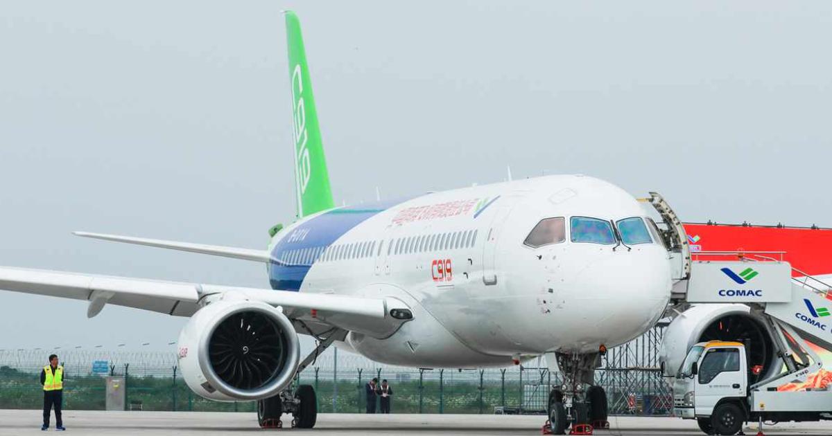 An early Comac C919 prototype sits in preparation for a flight test in Shanghai. (Photo: Comac)