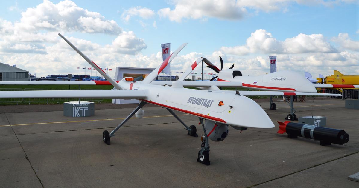 The Orion MALE UAV was exhibited in the static display at this year’s MAKS show, behind which was a full-scale mockup of the larger HALE design. (photo: Vladimir Karnozov)
