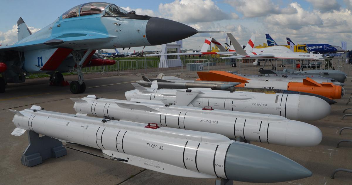 An array of weaponry was shown alongside the MiG-35 on static display at MAKS. The weapon in the foreground is the Grom-E2 glide bomb. (photo: Vladimir Karnozov)