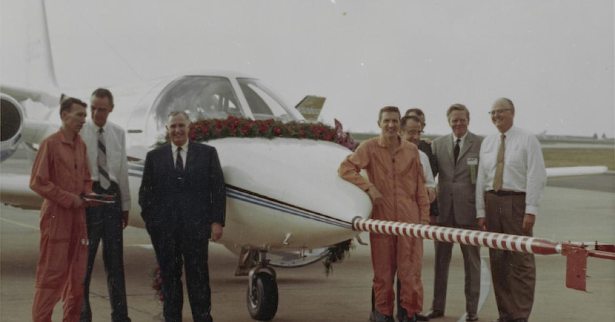 From left, test pilot Milt Stilts, Cessna chairman Dwane Wallace, commercial aircraft marketing v-p James Taylor, test co-pilot Jim LeSueur, military and twin division v-p and general manager Max Bleck, senior v-p of aircraft operations Bob Lair, United Aircraft Canada president Thor Stevenson, and Cessna president Del Roskam pose with the Citation 500 after its maiden flight in 1969. (Photo: Textron Aviation)