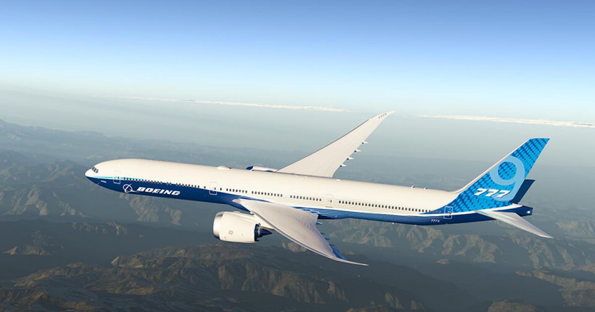 Testing schedules had called for the Boeing 777-9 to enter service by the end of next year but recent program setbacks have placed that estimate in doubt. (Photo: Boeing) 