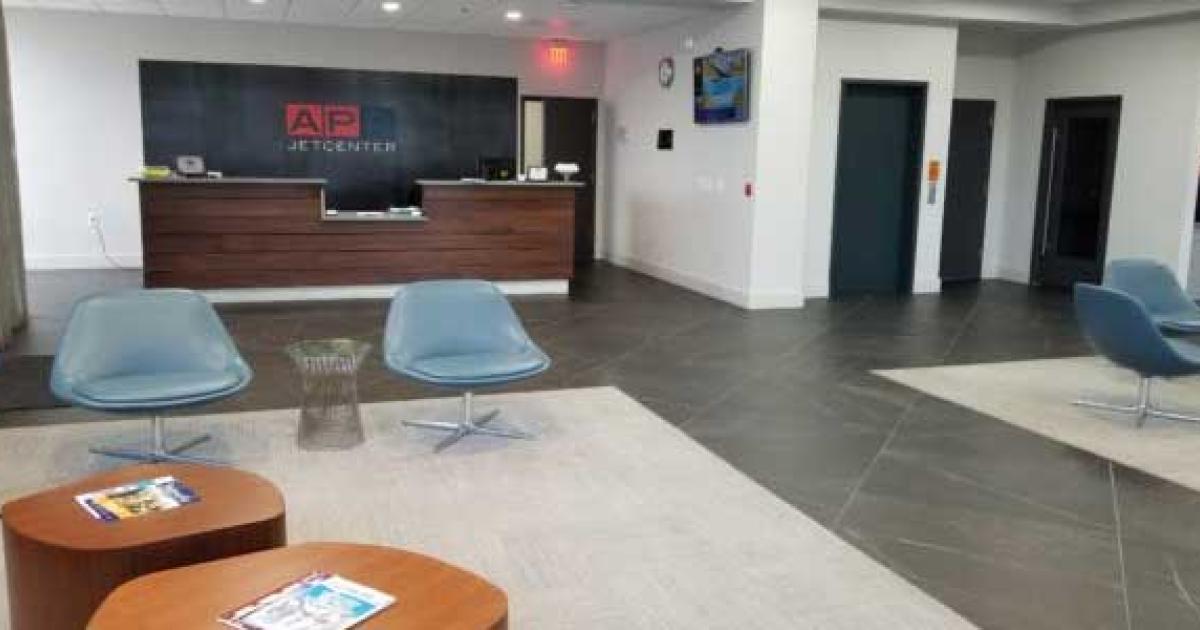 An expanded lobby furnished in mid-century modern design is one of the new improvements at APP Jet Center's FBO at Washington, D.C.-area Manassas Regional Airport.