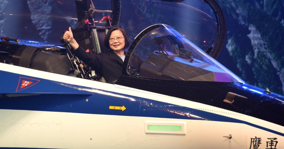 Taiwan's President Tsai Ing-wen sits in the cockpit of the first XAT-5 prototype during the unveiling ceremony. (photo: AIDC)