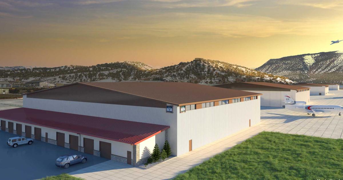 An artist rendering shows the new 38,000-sq-ft community hangar at Colorado's Vail Valley Jet Center, with its planned sisters behind it. 