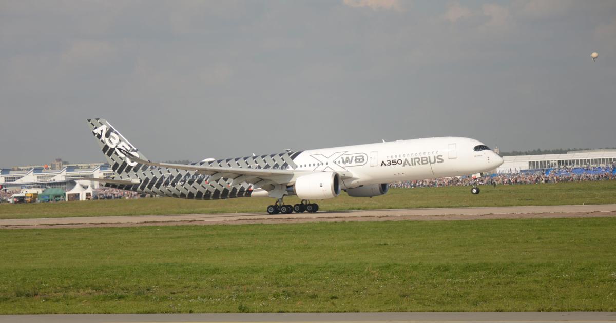 The A350XWB on September 1 at the Ramenskoye aerodrome where MAKS'2019 was held. (Photo: Vladimir Karnozov)