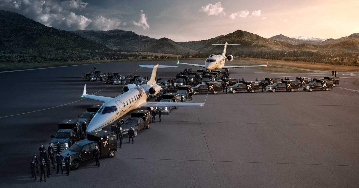 Symbolizing the worldwide expansion of its mobile response team, Bombardier brought together a Learjet and a Global, as well as an array of its support vehicles and personnel, and posed them in the shape of a business jet for this one-of-a-kind image. 