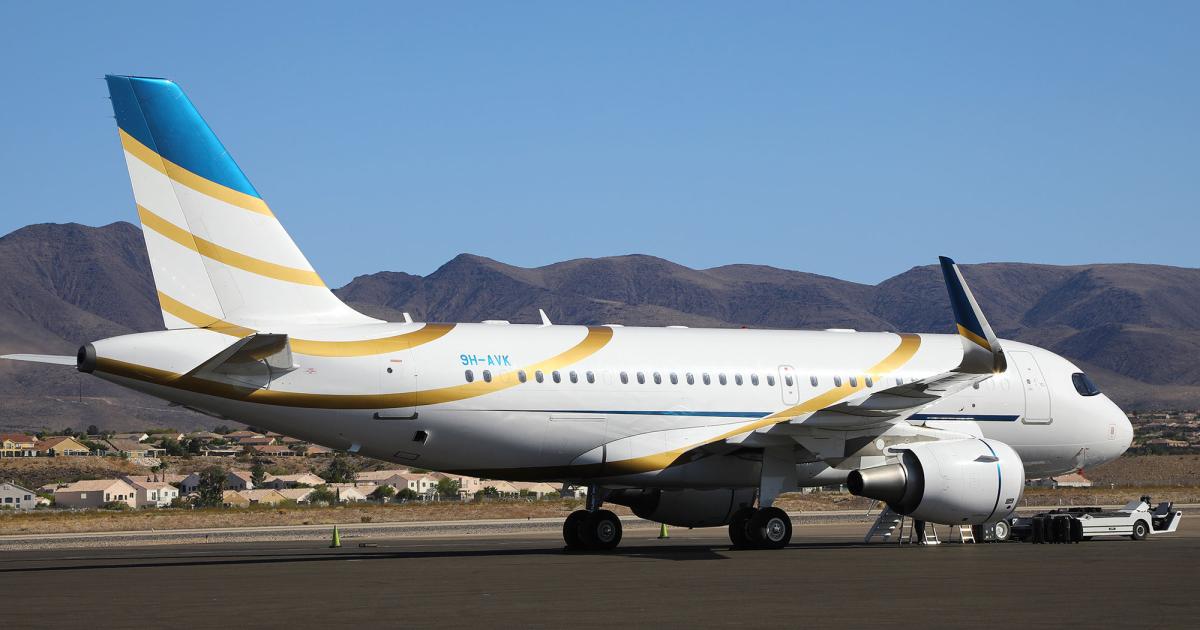 The Airbus Corporate Jet on static display at NBAA-BACE, an ACJ319 registered to Comlux Malta, is shown here shortly after arriving at Henderson Executive Airport. Photo: David McIntosh