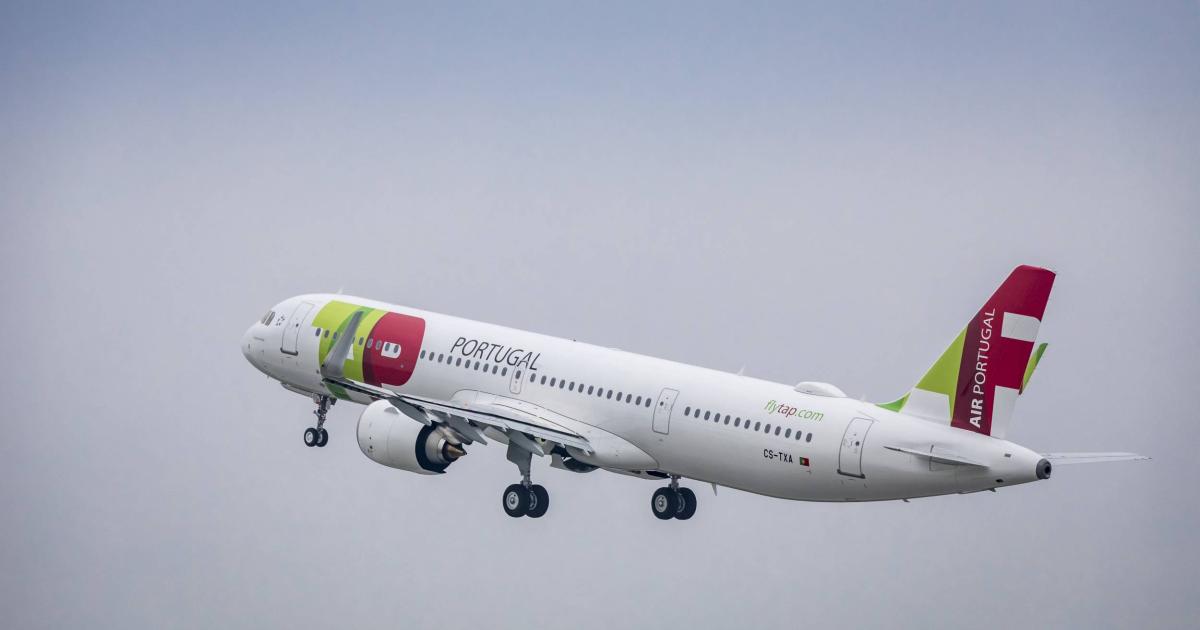 A TAP Air Portugal Airbus A321LR takes off on a delivery flight in April. (Photo: Airbus)