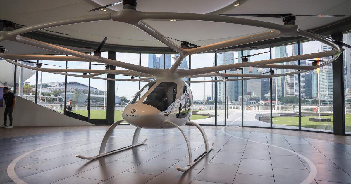 A Volocopter 2X eVTOL aircraft parked in the mockup for the German manufacturer's planned VoloPort in Singapore. Photo credit: Chen Chuanren.