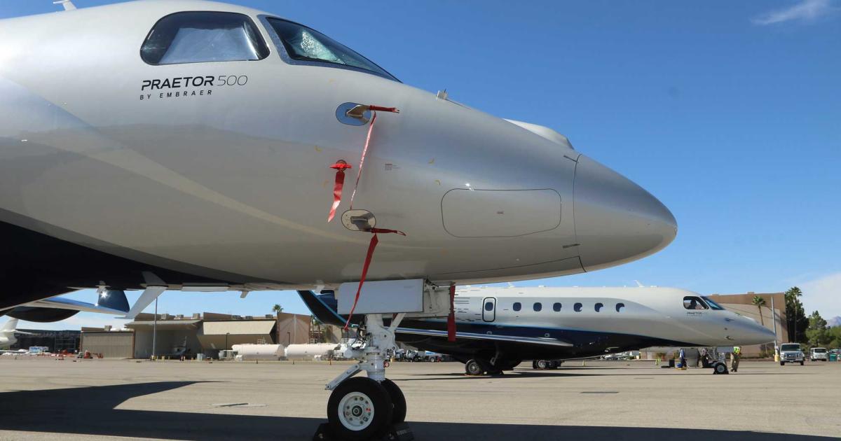 Flexjet’s blockbuster $1.4 billion order for 64 Embraer aircraft makes the fractional ownership provider the fleet launch customer for the Praetor 500 with deliveries of the recently certified aircraft to begin next month. Flexjet further is converting Legacy 450s into Praetor 500s. (Photo: Barry Ambrose)