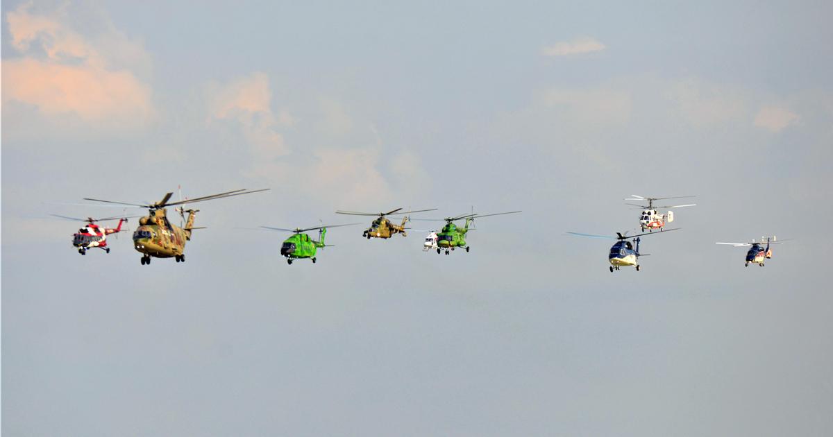 A flypast of Russian Helicopters types at MAKS highlights the dominance of Mil products in the Russian market, with Kamov represented here by a Ka-32 and Ka-62. (Photo: Vladimir Karnozov)