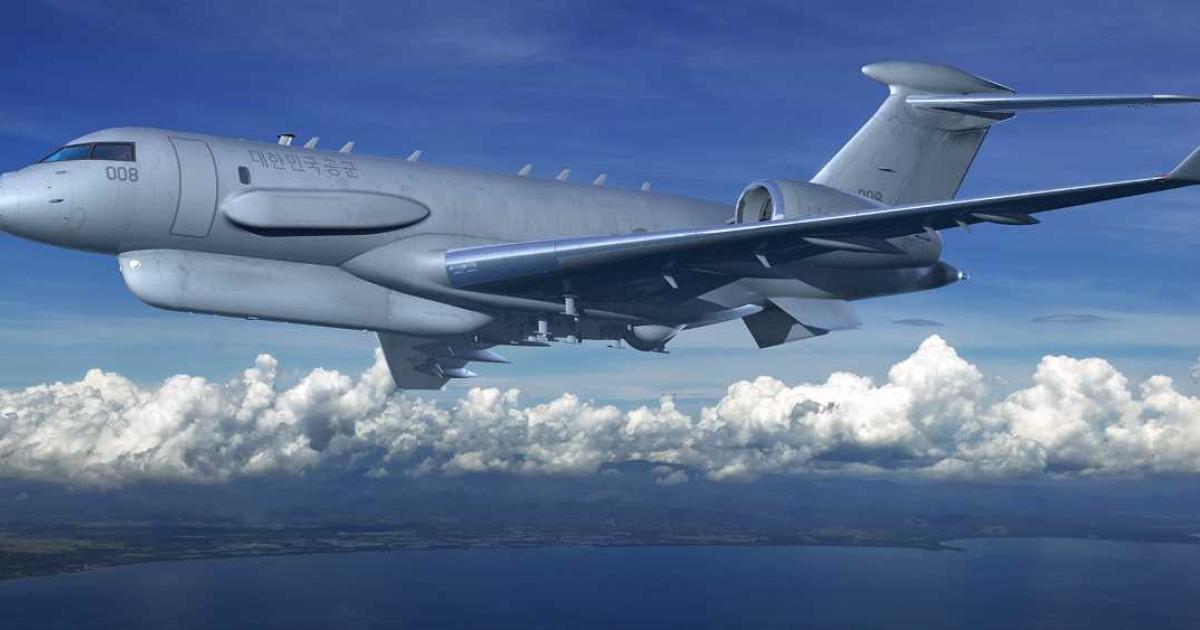 An artist’s impression depicts the ISTAR-K, based on the Global 6500 business jet. (Image: Raytheon)