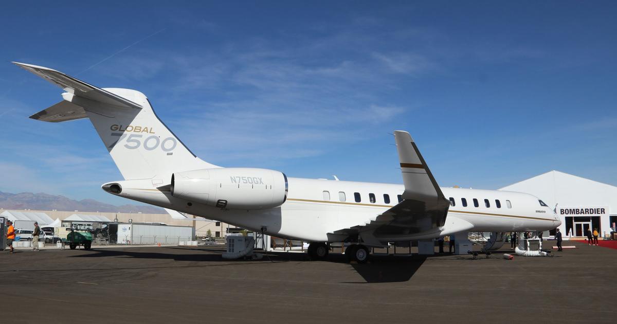 Though Bombardier's third-quarter deliveries were flat at 31 business jets, revenues were up slightly thanks to more Global 7500 shipments. The fourth quarter should be even better, as 10 to 15 of the ultra-long-range jets are expected to be handed over to customers in this 90-day period. (Photo: Barry Ambrose/AIN)