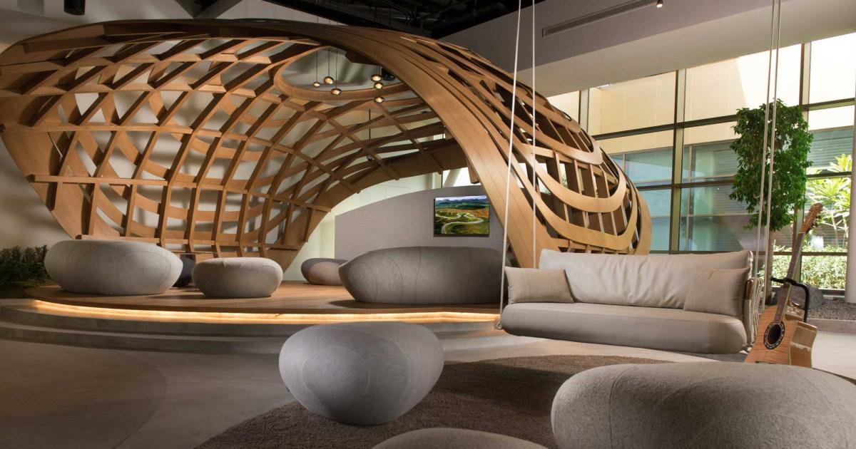A welcoming relaxation lounge is but one of the amenities offered at the Jetex FBO in the private aviation terminal at Dubai's Al Maktoum International Airport, site of the Dubai Airshow.