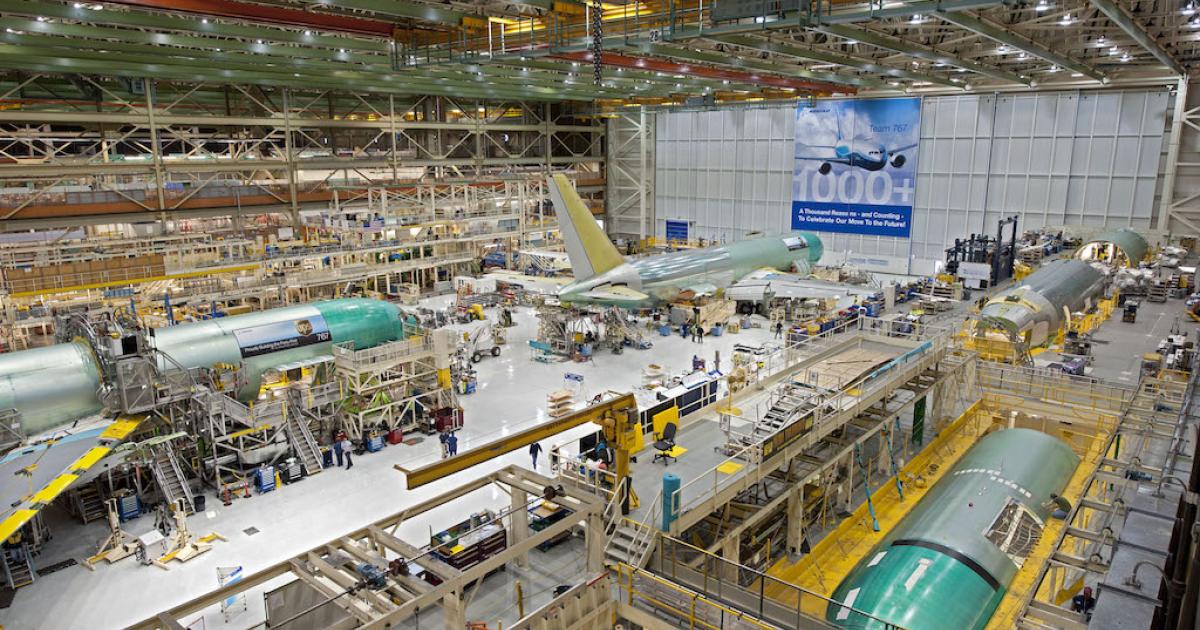 Although Boeing 767 assembly moved into a smaller factory in 2011 to compensate for the effective end of the model's passenger jet production, strong demand for cargo jets and the KC-46 military variant has seen output increase in recent months. (Photo: Boeing)