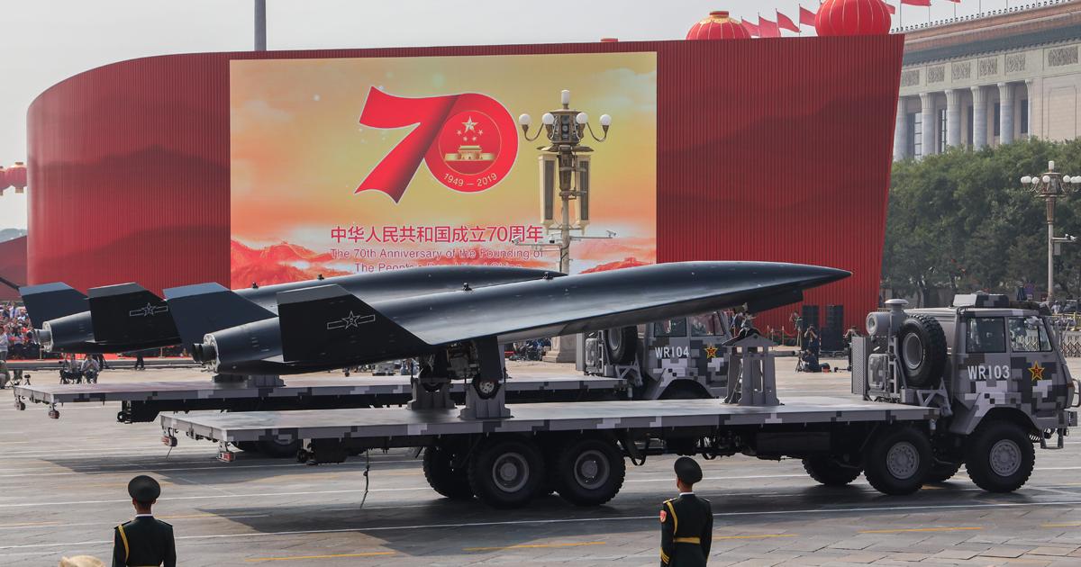 Two examples of the WZ-8 supersonic UAV were shown. Note the pylon hooks and rocket motor exhausts. (Photo: Chen Chuanren)