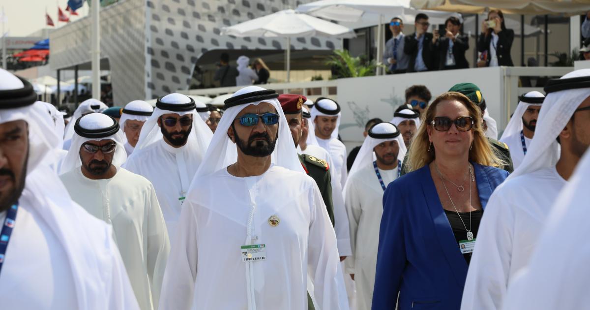 UAE Vice President, Prime Minister, and Dubai Ruler, Sheikh Mohammed bin Rashid Al Maktoum (center) and Michele van Akelijen, managing director of Tarsus Middle East, at the opening of Dubai Airshow 2017. (Photo: Tarsus)