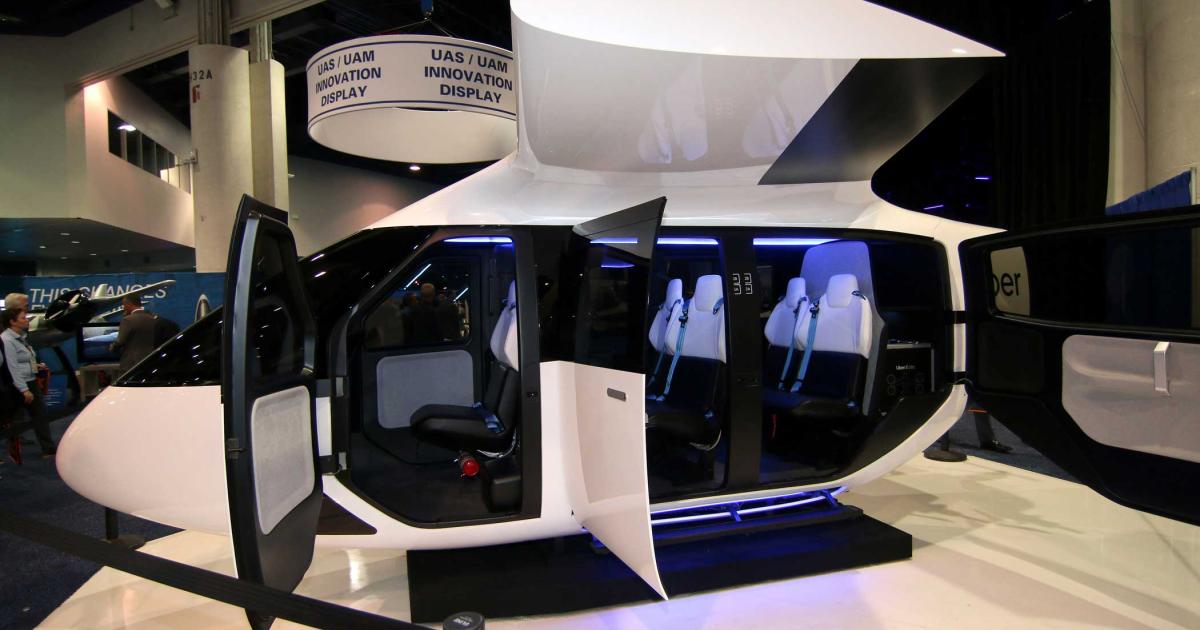 Urban air mobility is one of the hot topics at NBAA-BACE 2019, and aerospace giant Safran is collaborating with ridesharing company Uber to explore how an eVTOL cabin might look and accommodate passengers. This mockup includes 30G helicopter seats, leather upholstery, and more.