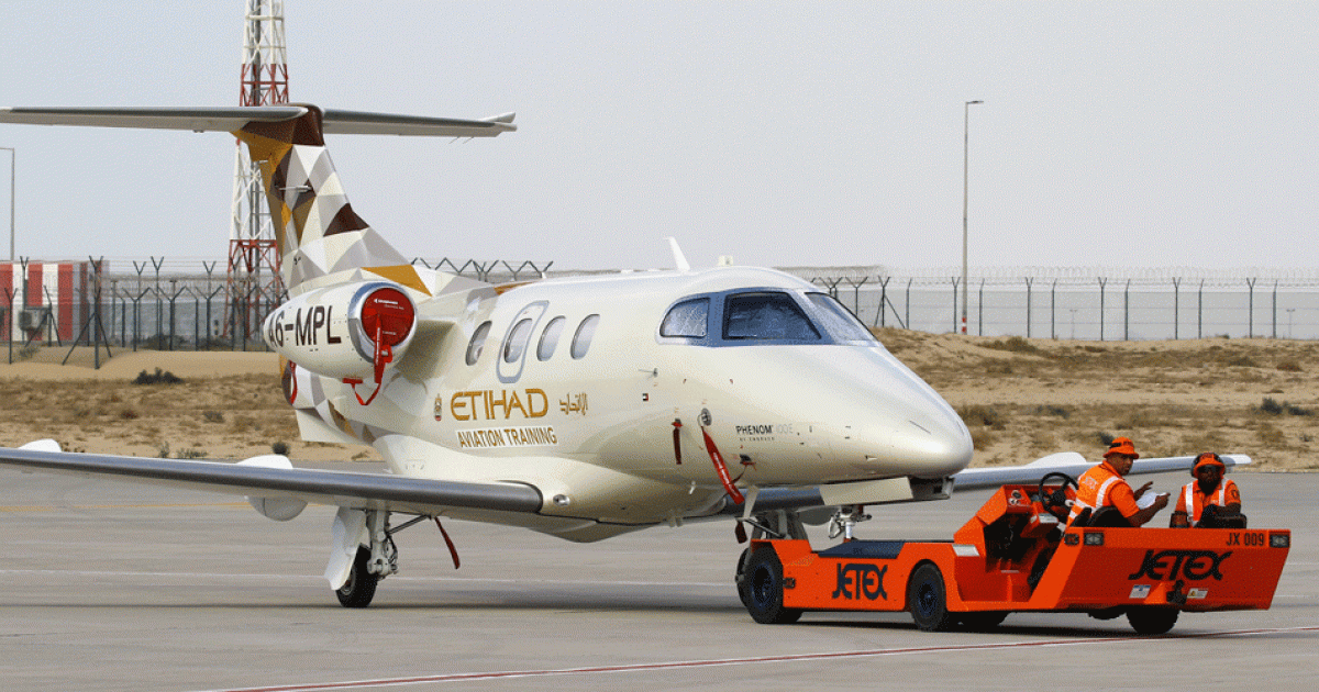Future Emirates Airline pilots learn modern technology on a jet—Embraer’s Phenom 100EV—that arguably has more sophisticated avionics than the airliners they will be flying.