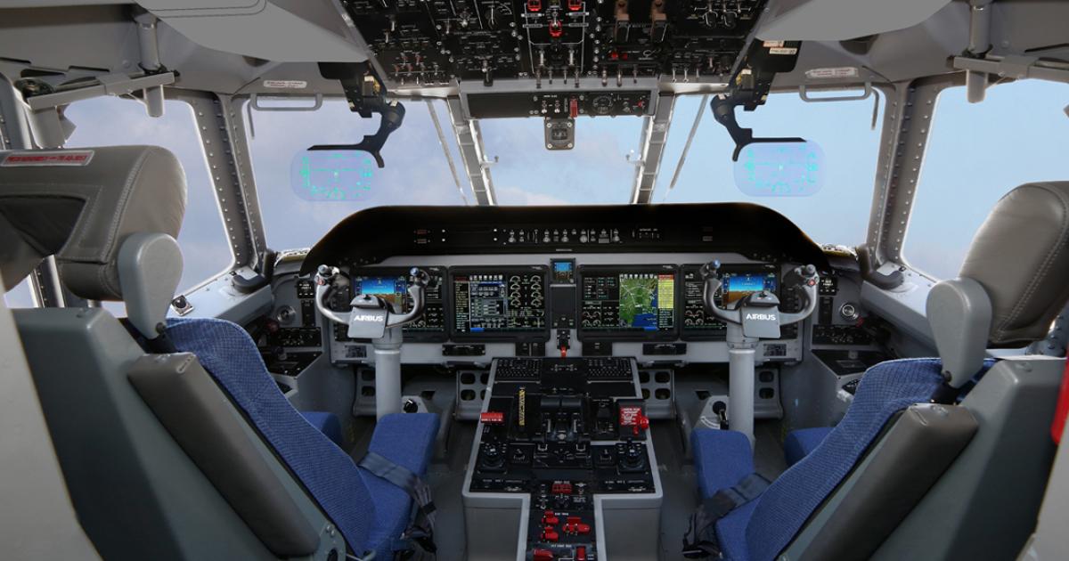 Four large Collins Pro Line Fusion touchscreens—along with dual head-up displays—are provided in the “new C295” flight deck, greatly assisting pilots in the rescue and tactical transport roles. (Photo: Collins Aerospace)