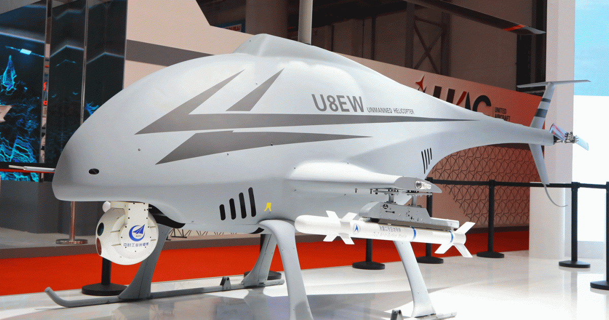 A full-scale mock-up of the U8EW rotary-wing unmanned air system (RWUAS)