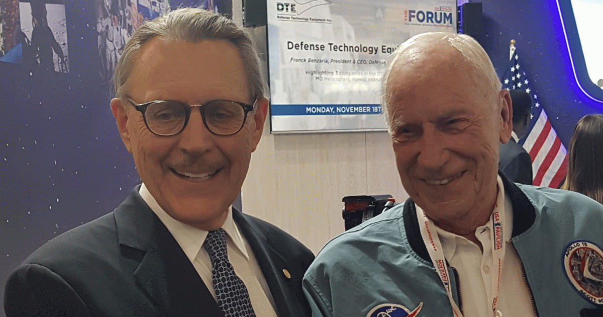 John Rakolta Jr. (left), U.S. ambassador to the UAE, and Apollo astronaut Col. Al Worden at the Dubai Airshow’s USA Pavilion. 