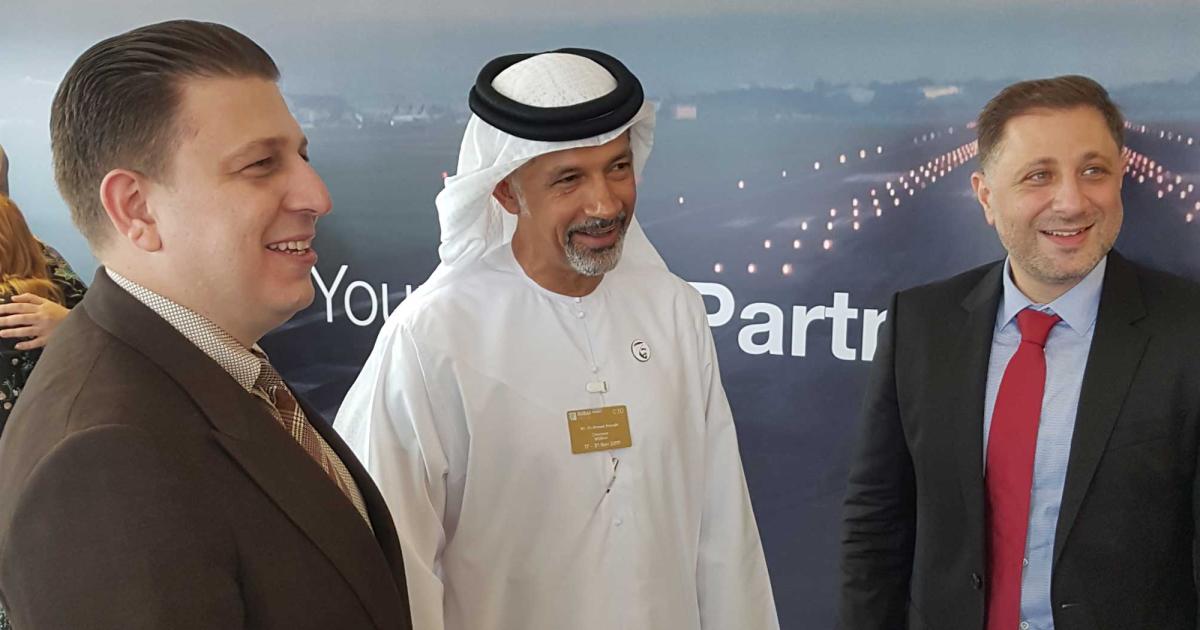Ali Alnaqbi, founding and executive chairman of MEBAA (center), is flanked by Mohammed Husary, UAS co-founder and executive president (left), and Omar Hosari, UAS co-founder and CEO. (Photo: Peter Shaw-Smith)