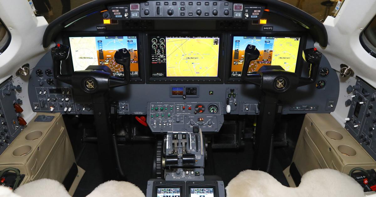 ADS-B mandates and full-panel updates helped retrofit avionics sales to surpass those of forward-fit installations so far this year. And the level of sophisticated full-panel retrofits is rising, as seen here with Elliott Aviation's Garmin G5000 install in a Citation Excel/XLS, which also includes Prizm lighting and Smart Vision window shades. (Photo: Elliott Aviation)