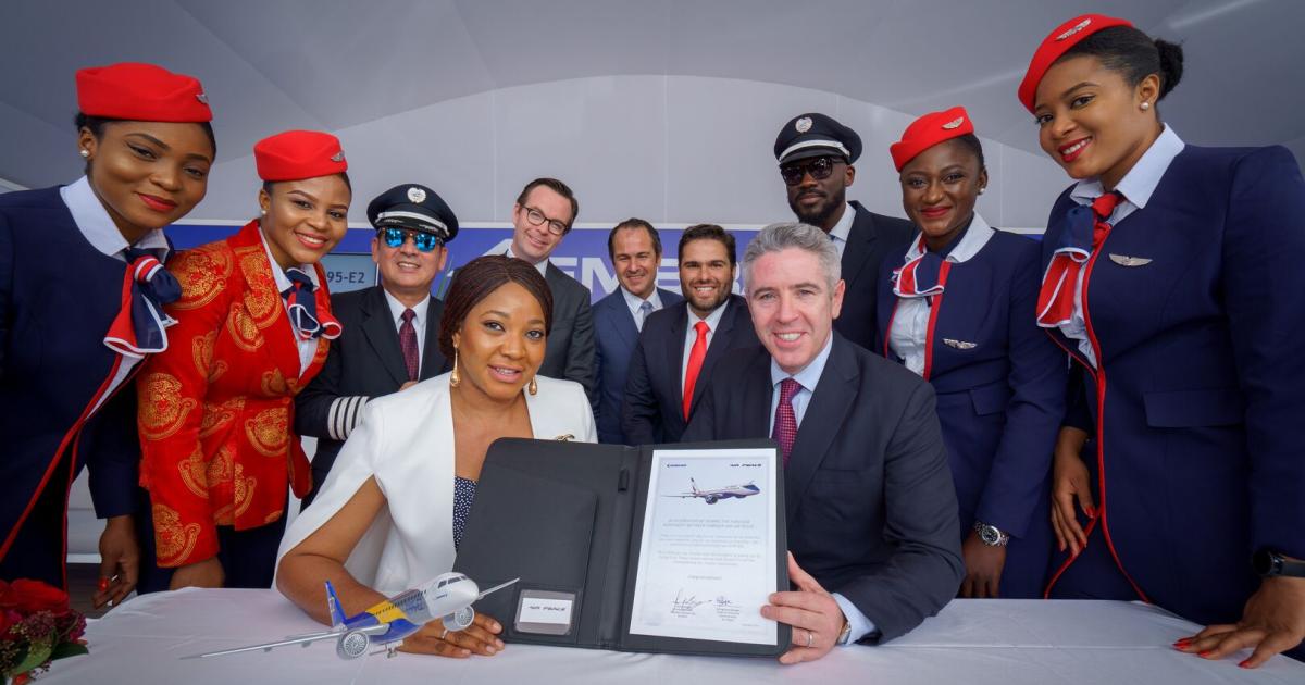 AIr Peace CEO Ejiroghene Eghagha (left) signs a deal for more E-Jets with Embraer Commercial Aviation CEO John Slattery. (Photo: Embraer)