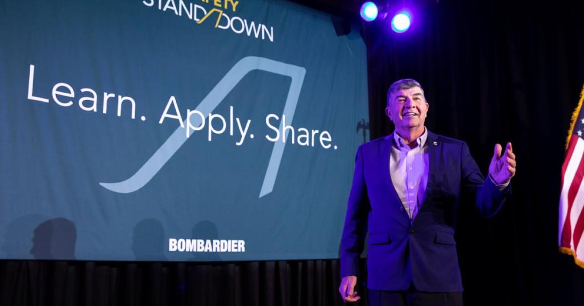 Dr. Tony Kern of Convergent Performance speaks at the 2019 Bombardier Safety Standdown in Fort Worth Texas. Keeping to this year's Safety Standdown theme of "Elevate Your Standards," he explained what it takes to move something at rest to a new and higher position. (Photo: Bombardier Aviation)