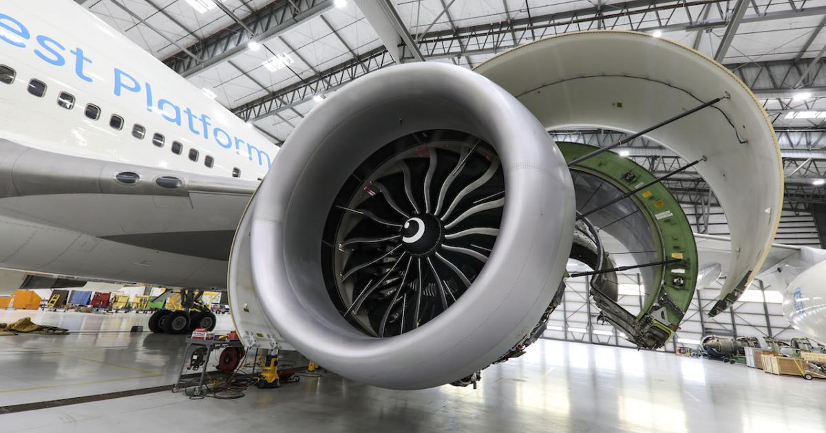 A GE9X flight test article hangs from GE's Boeing 747 flying testbed. (Photo: GE Aircraft Engines)