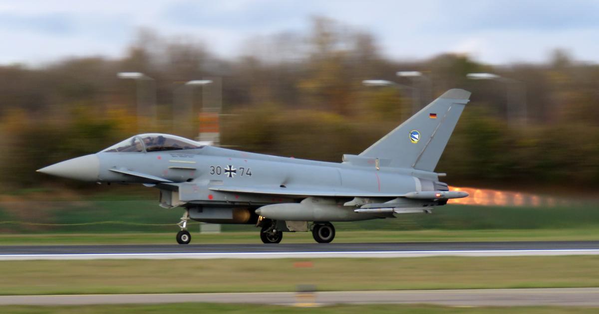 Armed with loaded cannon and Iris-T missiles, a Typhoon from Taktisches Luftwaffengeschwader 74 takes off from Neuburg in southern Germany, one of two Luftwaffe bases that maintain aircraft on 24/7 quick reaction alert to defend German airspace. (Photo: David Donald)