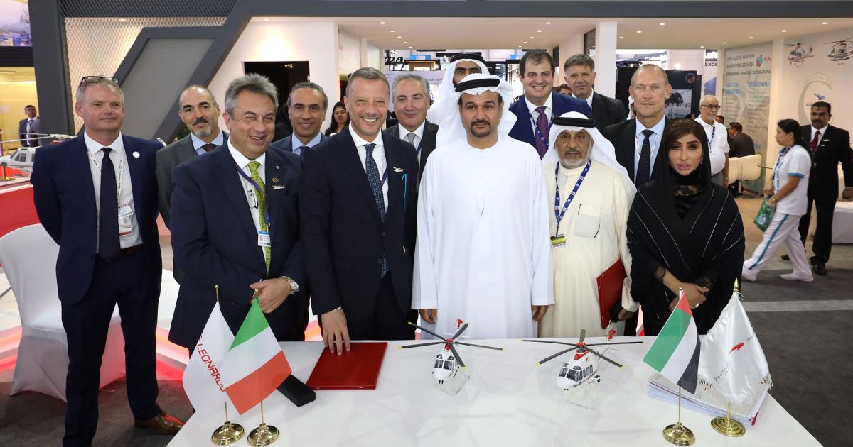 Leonardo and Abu Dhabi Aviation (ADA) executives firm up contracts for five helicopters during the Dubai Airshow, including for the first AW169s to join the ADA fleet.