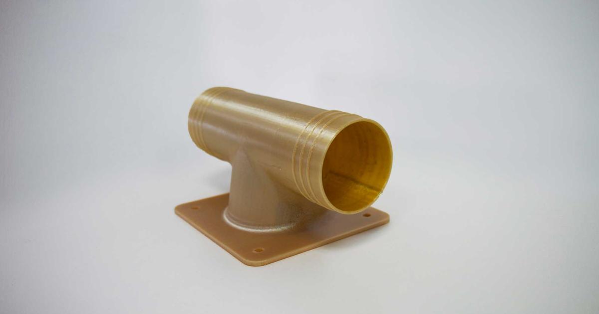Final, flight-approved, 3D printed ducting for air conditioners. 3D printed in ULTEM™ 9085 resin on the Fortus 450mc.