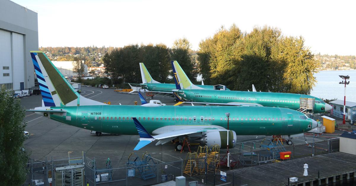 Boeing 737 Max jets sit parked outside Boeing's factory in Renton, Washington, awaiting an FAA order to lift the model's grounding. (Photo: Barry Ambrose)