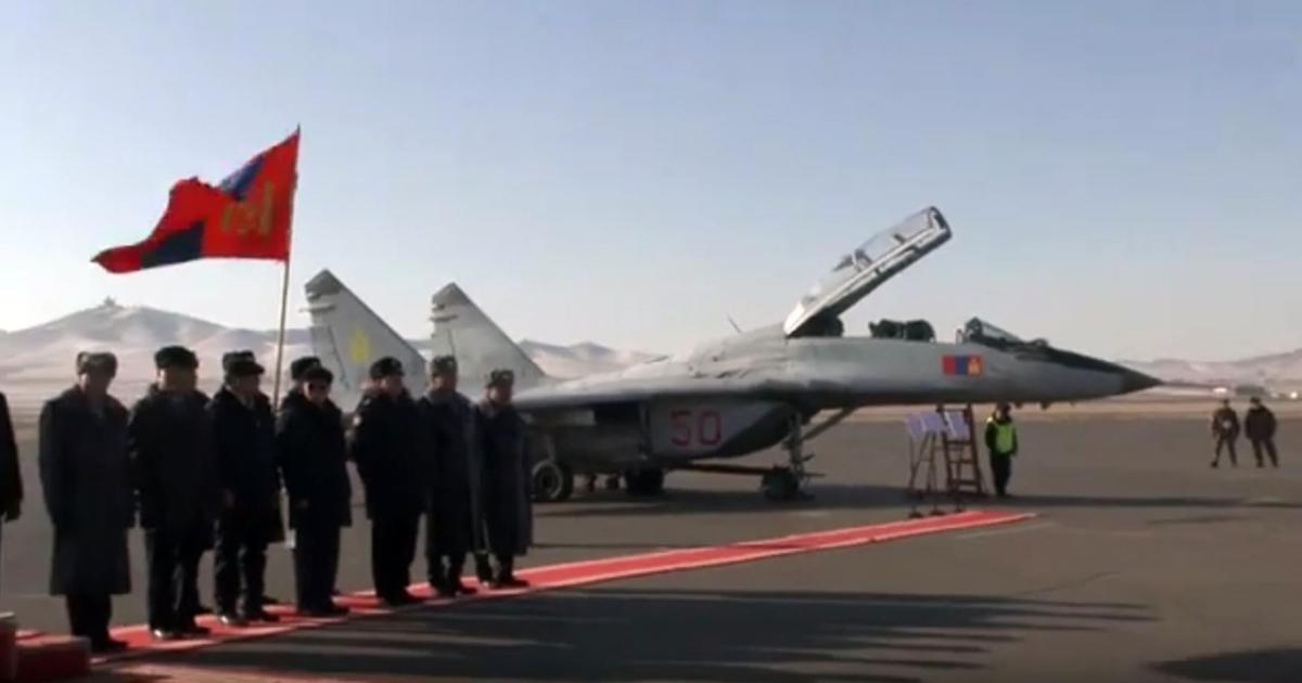 One of two MiG-29UBs donated by Russia is seen during the November 26 handover ceremony. (photo: MPA/Mongolian state TV)