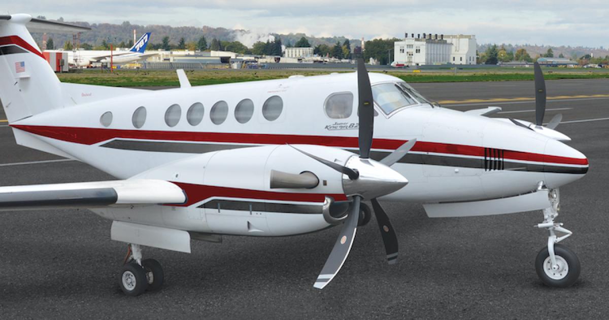 Hartzell says its new composite five-blade swept propeller for King Air 200 series aircraft weighs 48 pounds less than OEM-installed propellers. (Photo: Raisbeck Engineering)