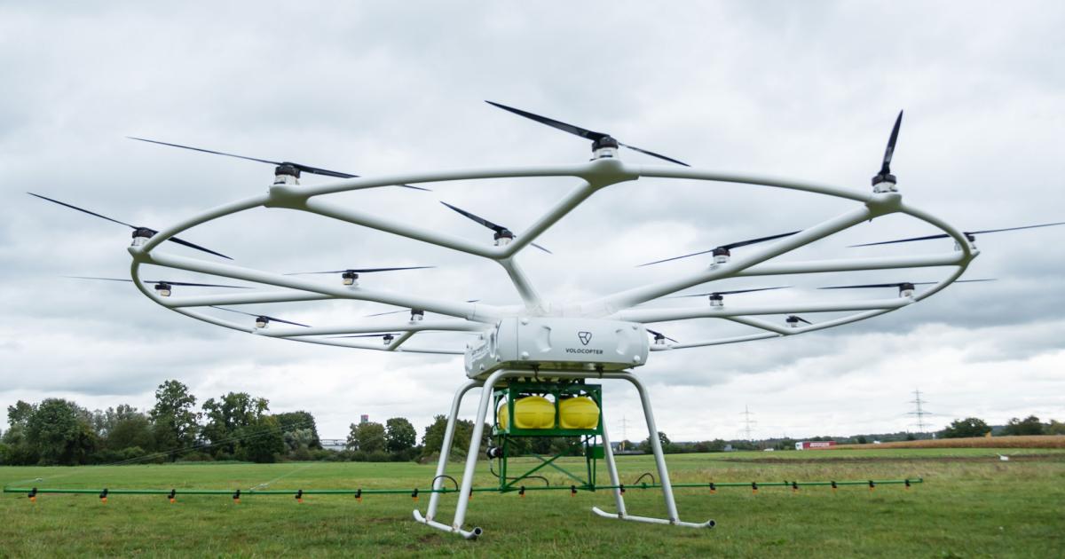 Volocopter is pitching Volodrone, created in partnership with John Deere, as an alternative to helicopters for agricultural endeavors.