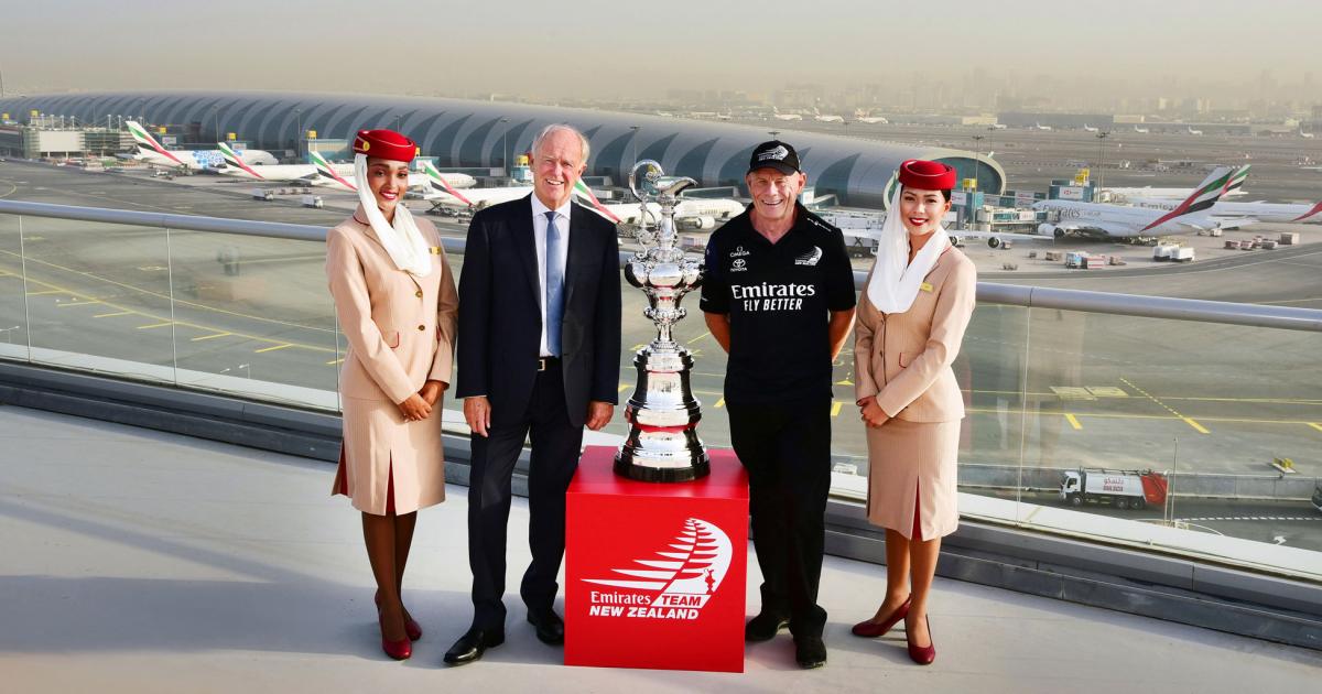 Emirates reaffirmed commitment to Emirates Team New Zealand through the renewal of their contract for the 36th America’s Cup, sponsoring all preliminary regattas leading up to the main event in 2021. Sir Tim Clark, president of Emirates airline, and Emirates Team New Zealand chief executive, Grant Dalton.      