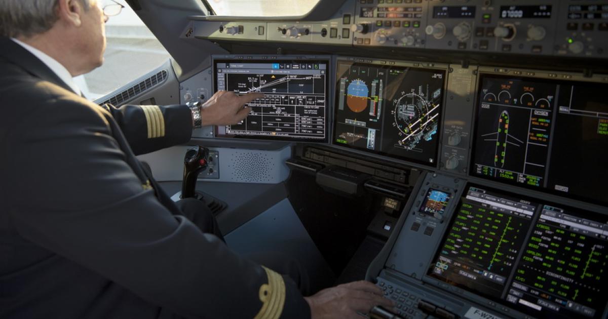 The optional touchscreens for the Airbus A350 will help pilots lower their workloads using familiar gestures such as pinch-zoom and panning to operate EFB applications. (Photo: Airbus)