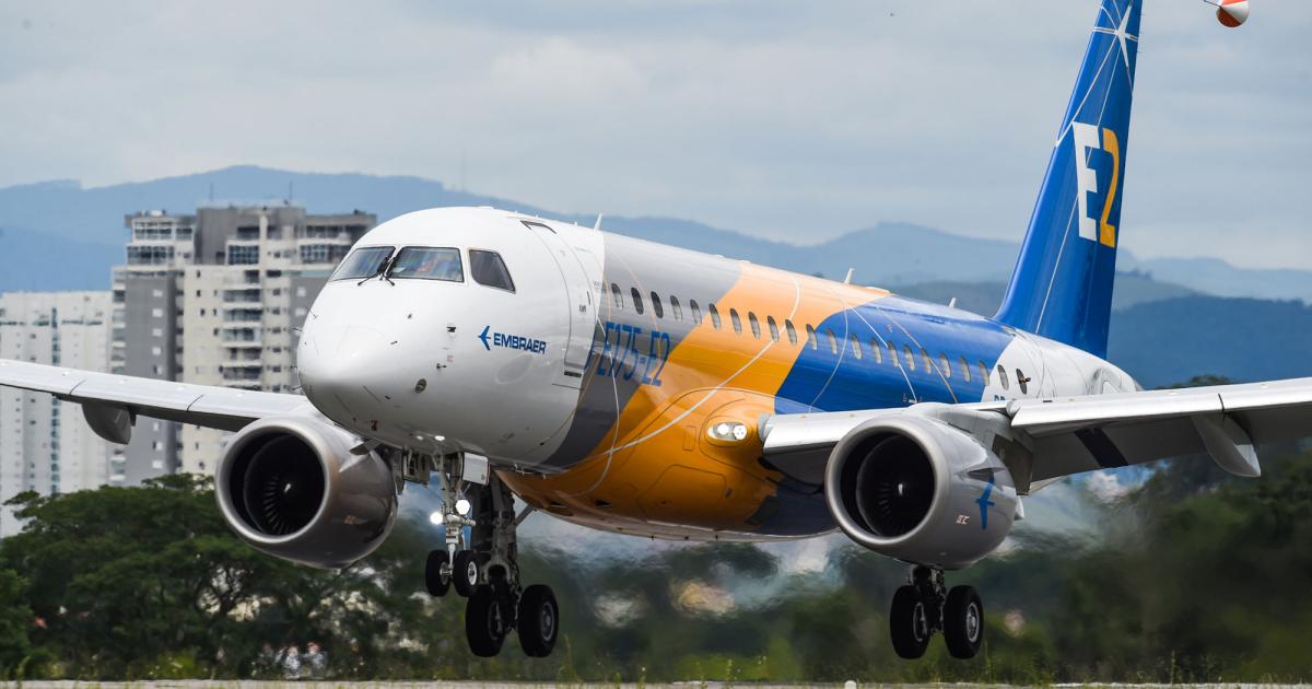Embraer's E175-E2 achieved a 2 hour 18 minute first flight on December 12, launching a 24-month flight-test campaign for the twinjet. (Photo: Embraer)