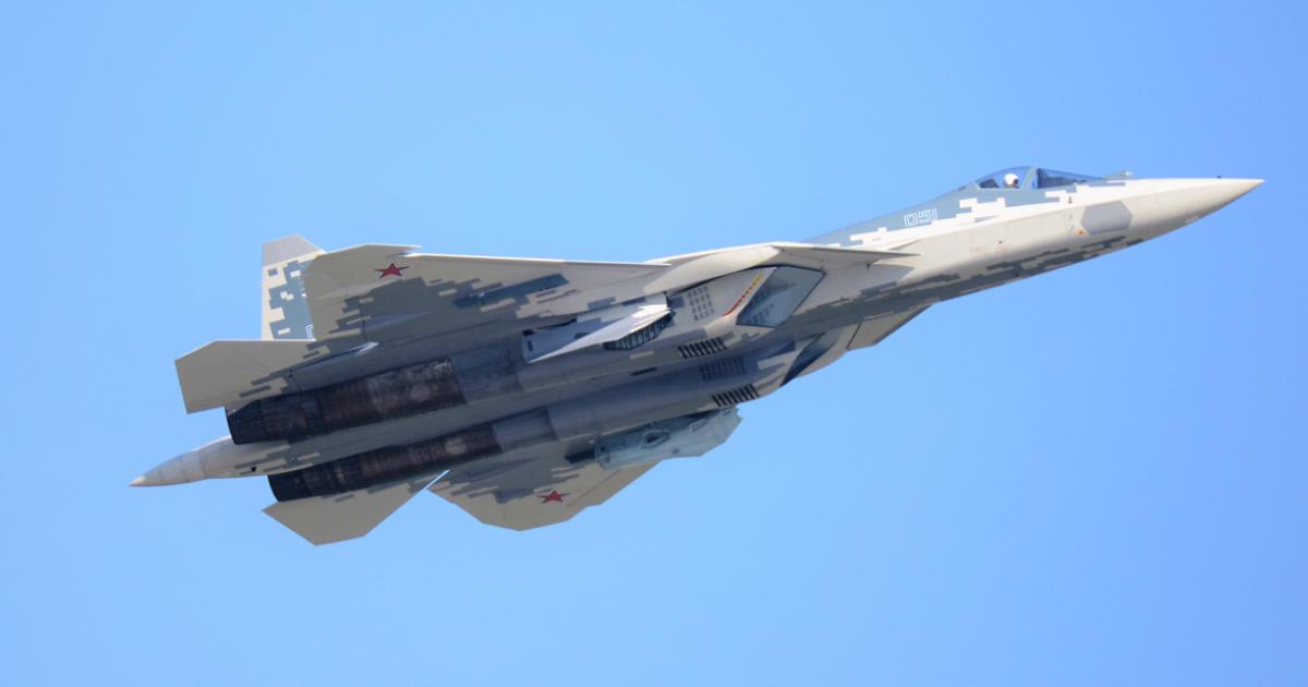 Su-57 “Bort (side number) 051” performs at the MAKS 2019 air show. The aircraft that crashed December 24 is believed to be Bort Blue 01, the first production aircraft. (Photo: Vladimir Karnozov)