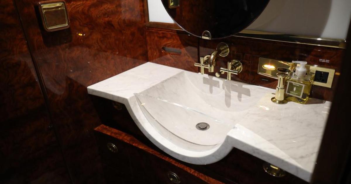 Duncan Aviation is now using hydrographic technology to print designs on aircraft interior components, such as this countertop sink. Designs can include wood grain, stone, metals, as well as custom designs. (Photo: Duncan Aviation)