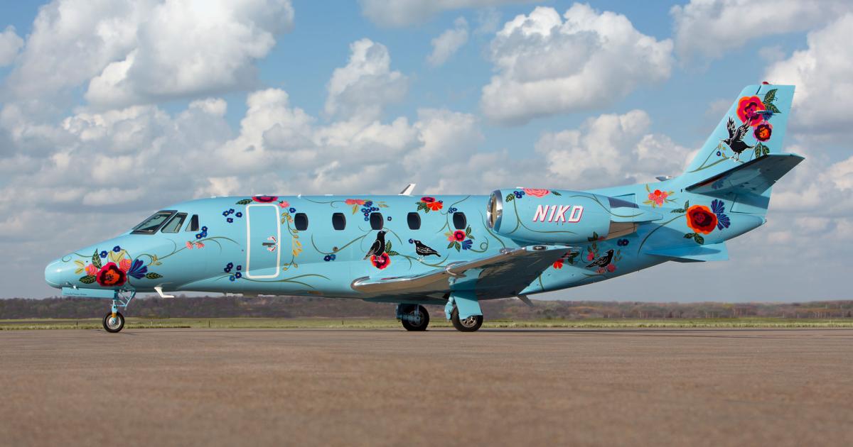 Carrying a specially commissioned paint scheme from local artist Nancy Friedemann Sánchez, Duncan's own fully-refurbished Citation XLS will serve as a mobile demonstration of the company's aircraft refurbishment and paint capabilities. 