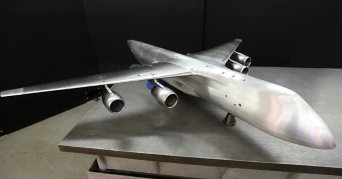 The wind tunnel model of the SLON heavylifter represents an aircraft similar in configuration to the An-124 it is intended to replace, but which is larger and more efficient. (Photo: TsAGI)