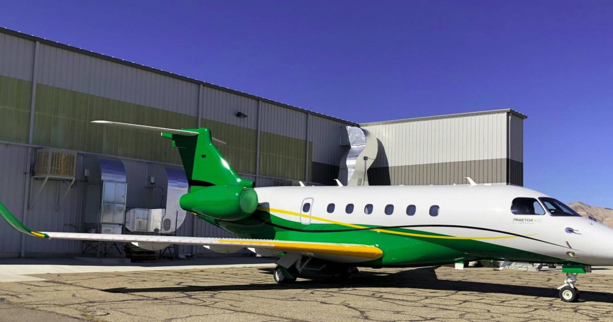An affinity for the NFL's Green Bay Packers was not behind this custom livery done by West Star Aviation on this factory-new Embraer Praetor 600 super-midsize twinjet. (Photo: West Star Aviation)